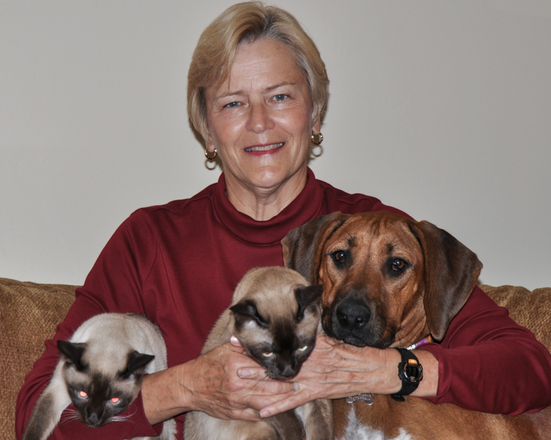 Jean with dog and 2 cats