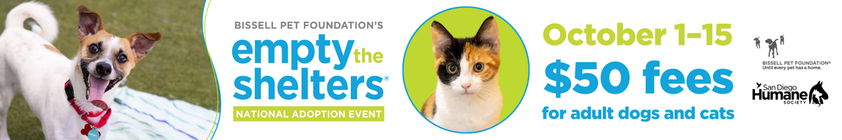 Empty the shelters | Oct 1-15 $50 fees for adult dogs and cats